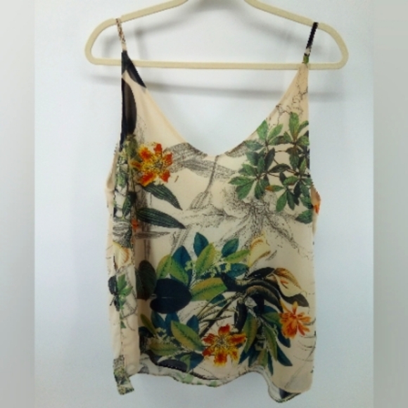 hazel Tops - Hazel Vegan 100% Polyester Neutral Floral Leaf Romantic Top Tan L